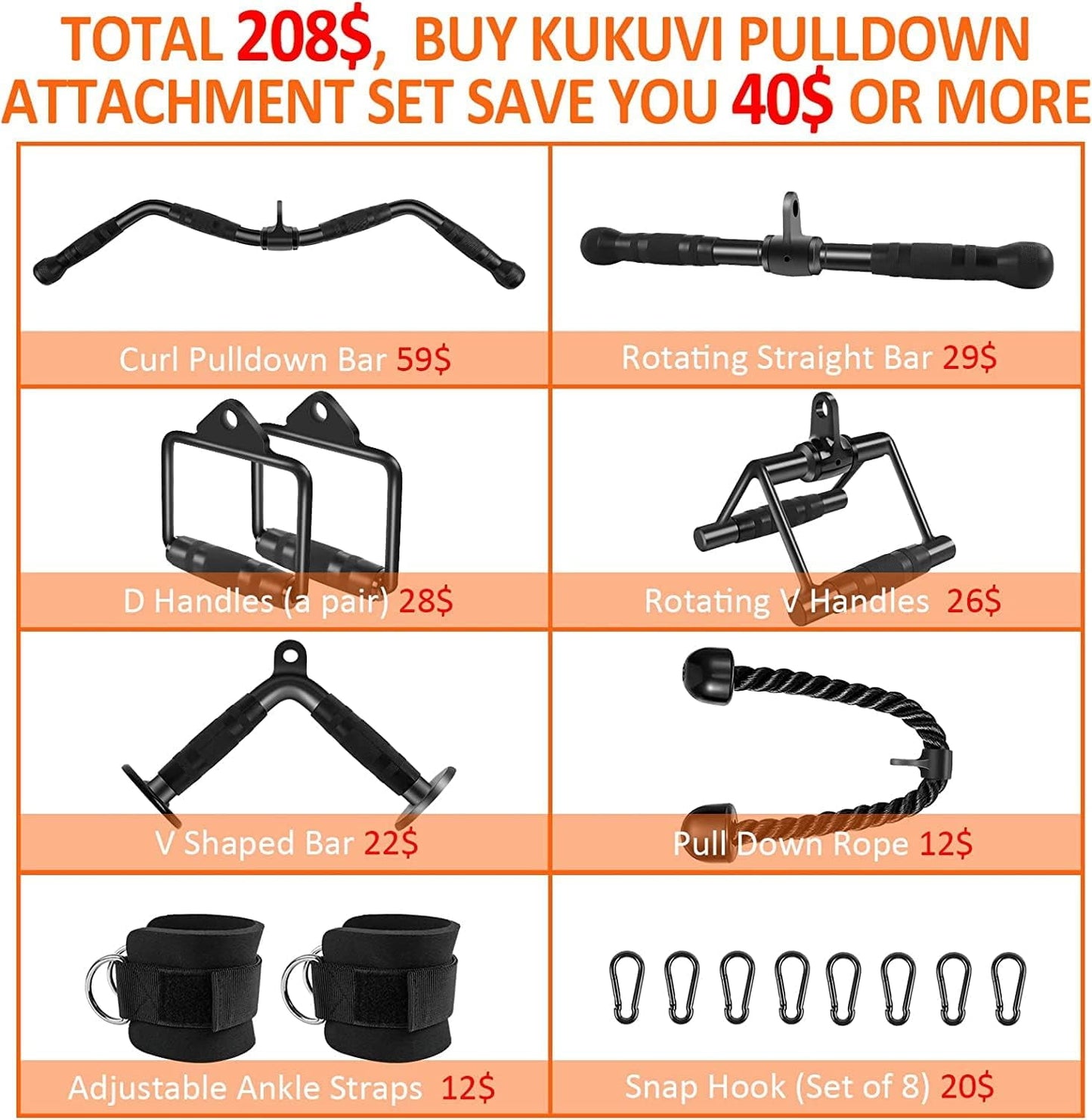 LAT Pulldown Bar Attachments, Cable Machine Accessories for Home Gym, Triceps Rope Pull down Equipment Weight Fitness & Power Exercise Set for Arm Strength Workout