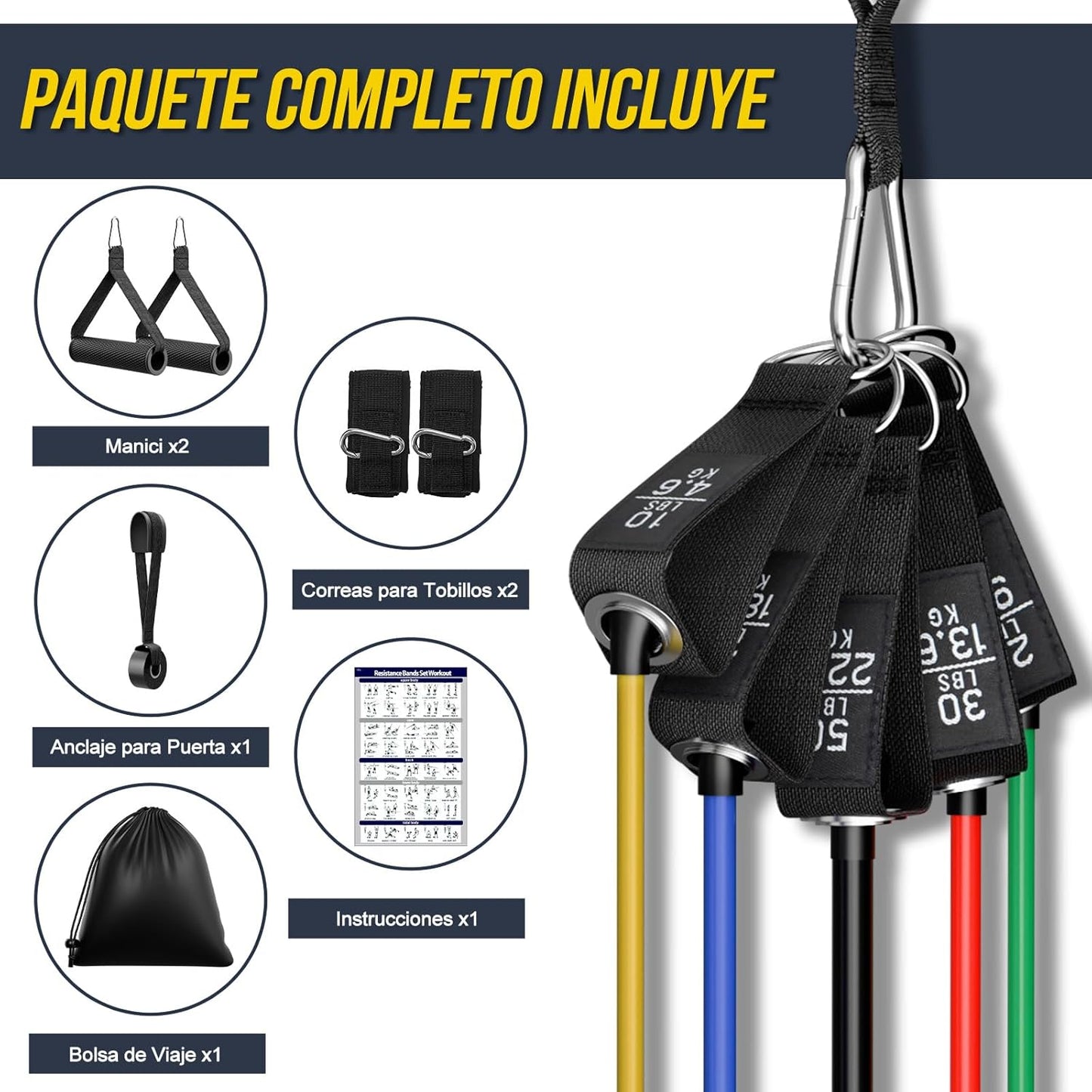 Elastici Fitness,5 Livelli Di Bande Elastico Palestra Elastiche Fitness Set Fasce Di Resistenza Con Maniglie,Cinturino Alla Caviglia,Ideale per Yoga,Pilates,Costruzione Muscolare