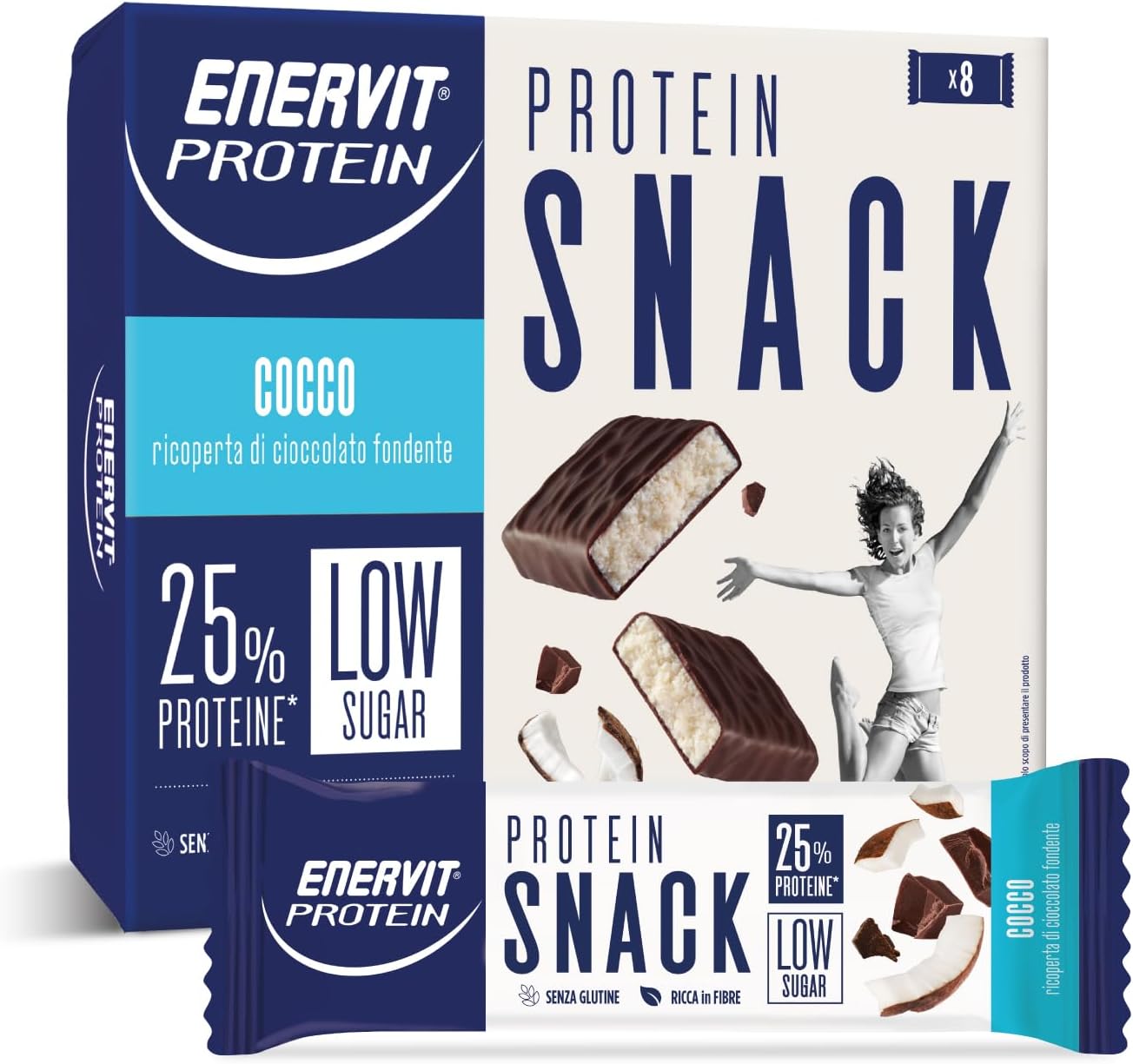, Protein Snack Al Cocco E Cioccolato Fondente, Low Sugar, Cuore Morbido Al Cocco, Barrette Proteiche, per Il Controllo Del Peso, Ricche in Fibre, Senza Glutine, 8 Barrette Da 27G