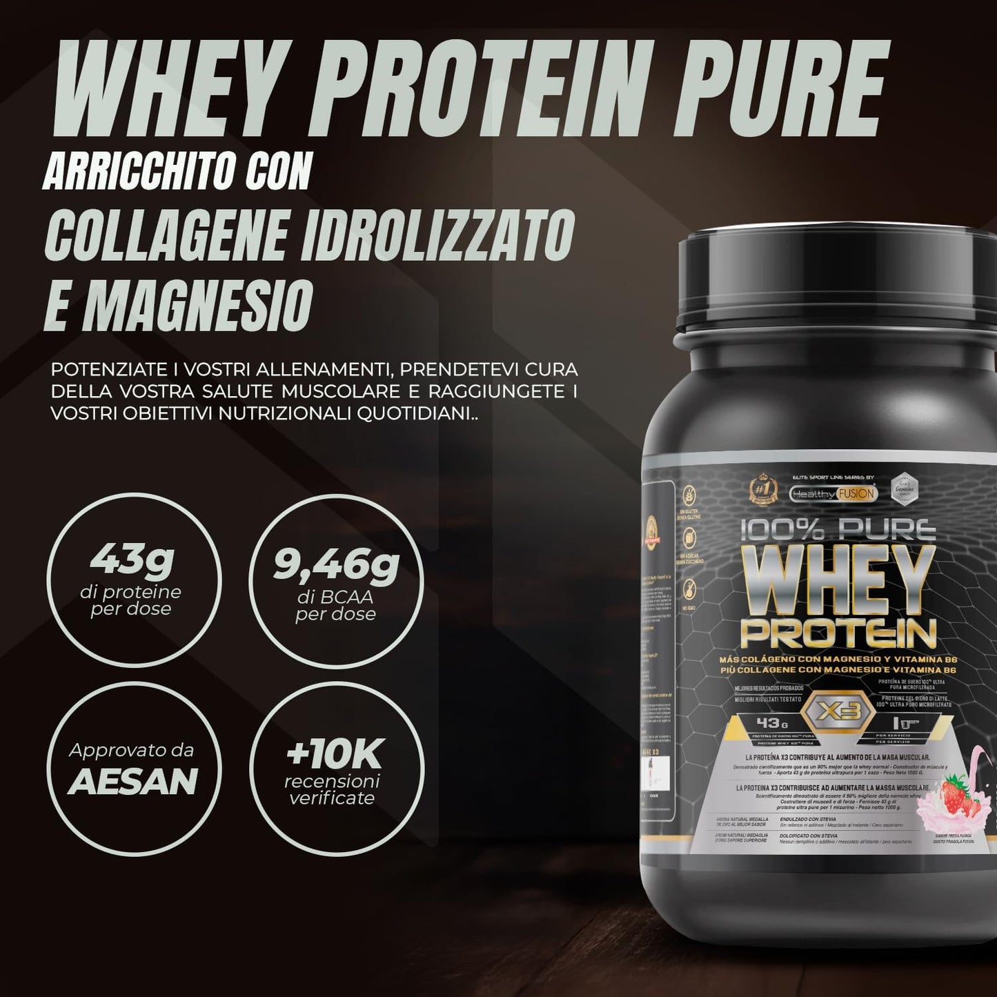 Whey Protein Isolate 100% Pura, Proteine Whey Isolate + Collagene + Magnesio, Proteine Del Siero Di Latte Isolate per Lo Sviluppo Muscolare, 30 Dosi Fragola 1000G