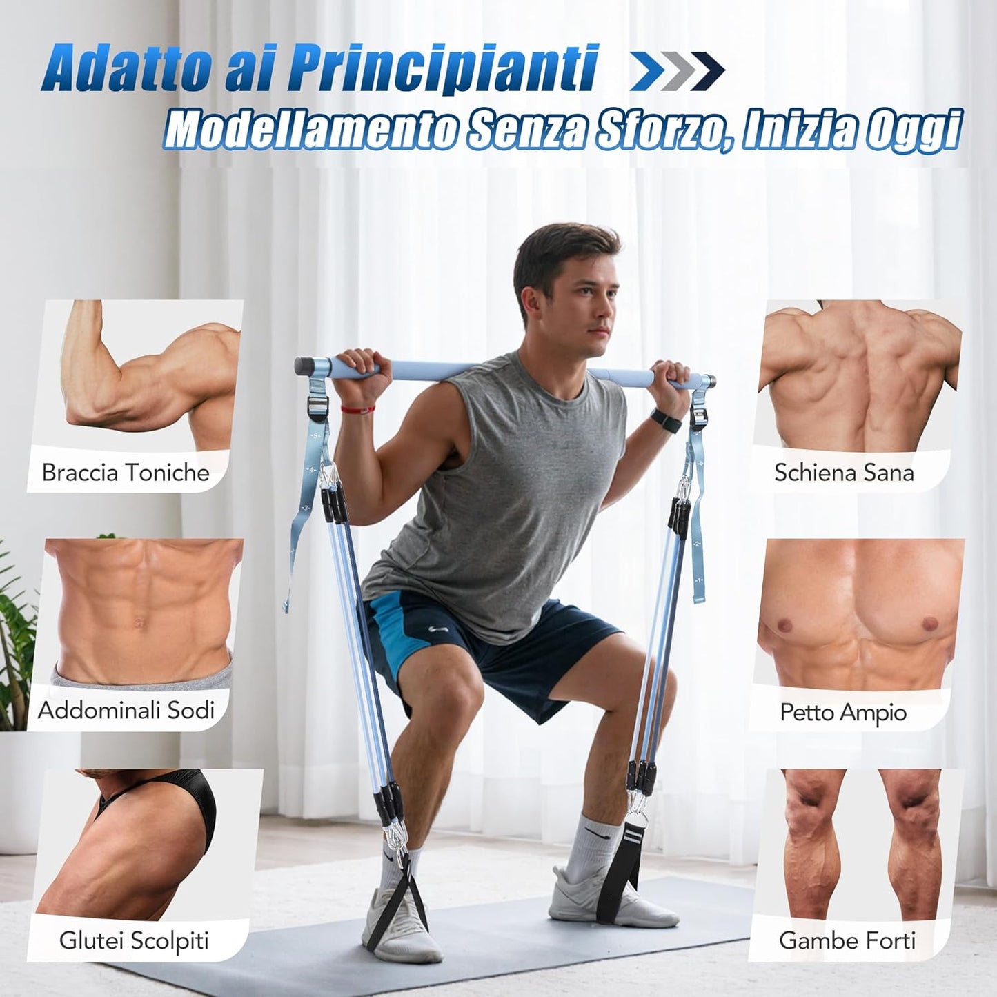 Barra per Pilates, Barra Di Elastici Fitness Con 4/6 Elastico in Lattice Naturale 50-360 O 30-240 O 30-140 O 20-180Lbs E Video Di Esercizi, Adatto All’Allenamento in Famiglia