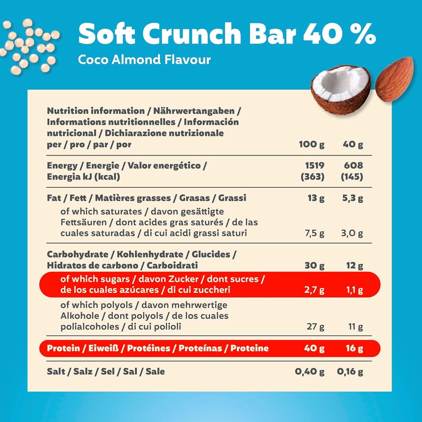 Soft Crunch Bar 40% Protein Coco-Almond 12X40G - Alto Contenuto Di Proteine E Basso Contenuto Di Zuccheri + Basso Contenuto Di Carboidrati + Senza Olio Di Palma