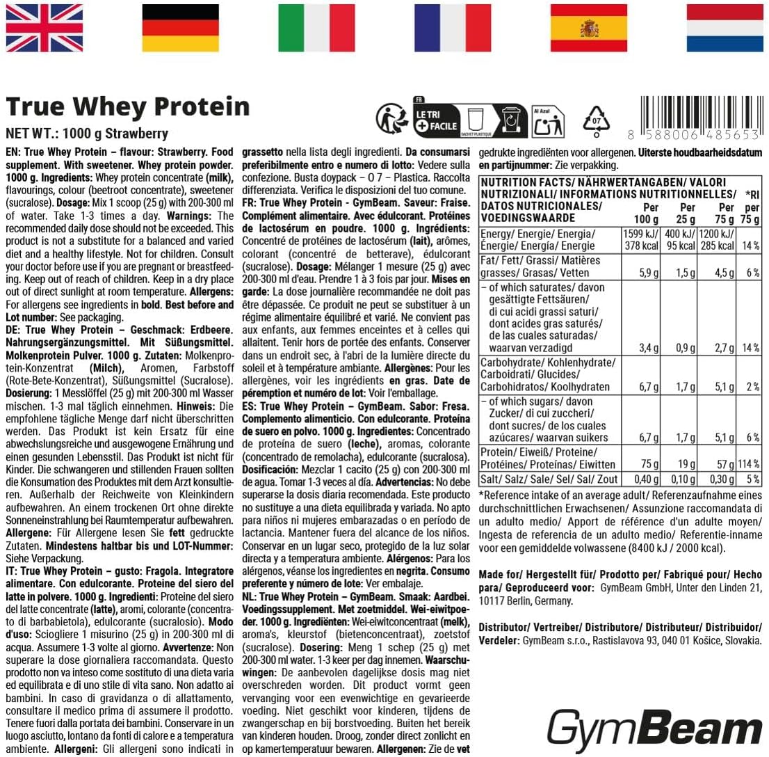 Proteine in Polvere True Whey, Concentrato Di Proteine Del Siero Del Latte (WPC), Proteine Whey Di Alta Qualità, BCAA, Favoriscono La Crescita Muscolare (Strawberry, 1000 G)