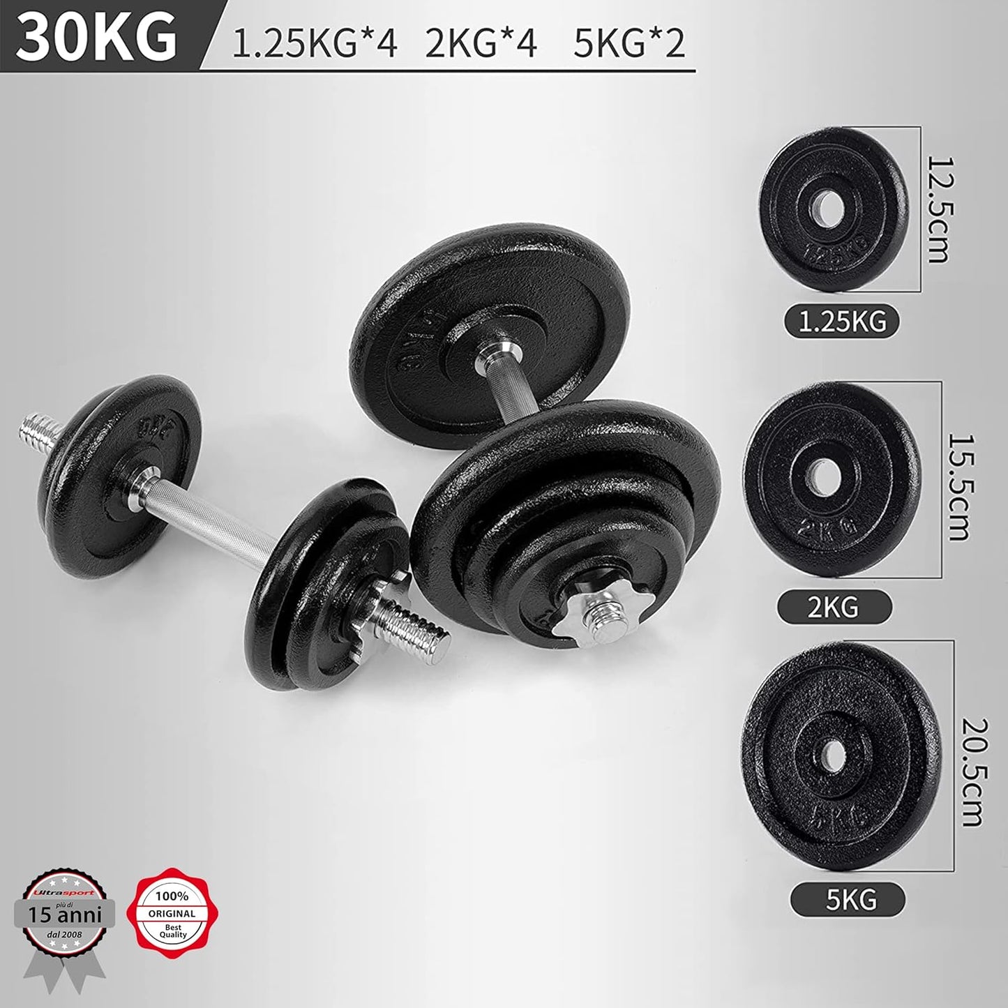 Jset Di Piastre, 4 Pesi per Manubri in Un Set, 15 Kg O 25 Kg, per Manubri E Bilancieri, Con Maniglie per Allenamento Libero, Set Completo in Metallo Da 30 KG