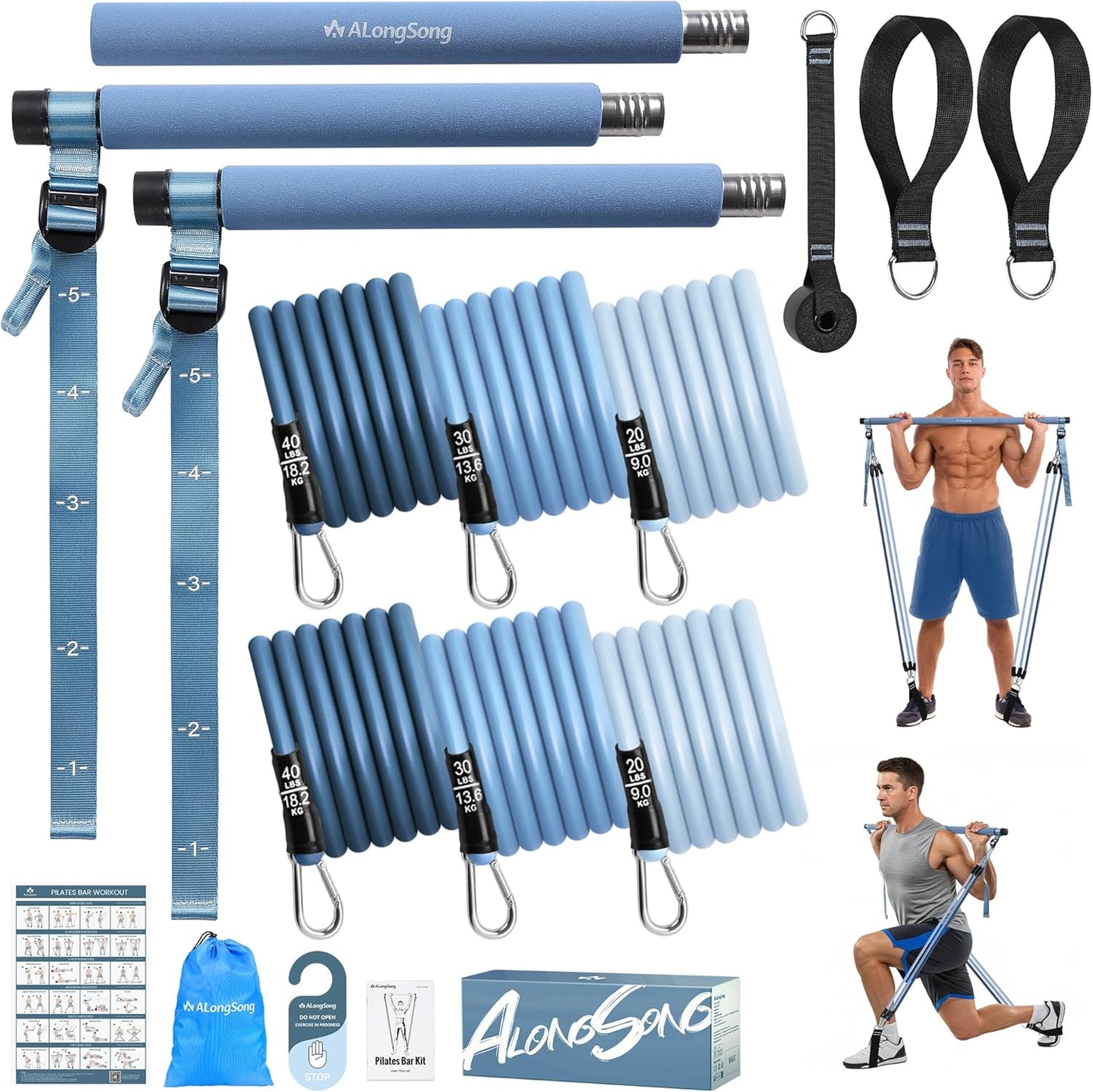 Barra per Pilates, Barra Di Elastici Fitness Con 4/6 Elastico in Lattice Naturale 50-360 O 30-240 O 30-140 O 20-180Lbs E Video Di Esercizi, Adatto All’Allenamento in Famiglia