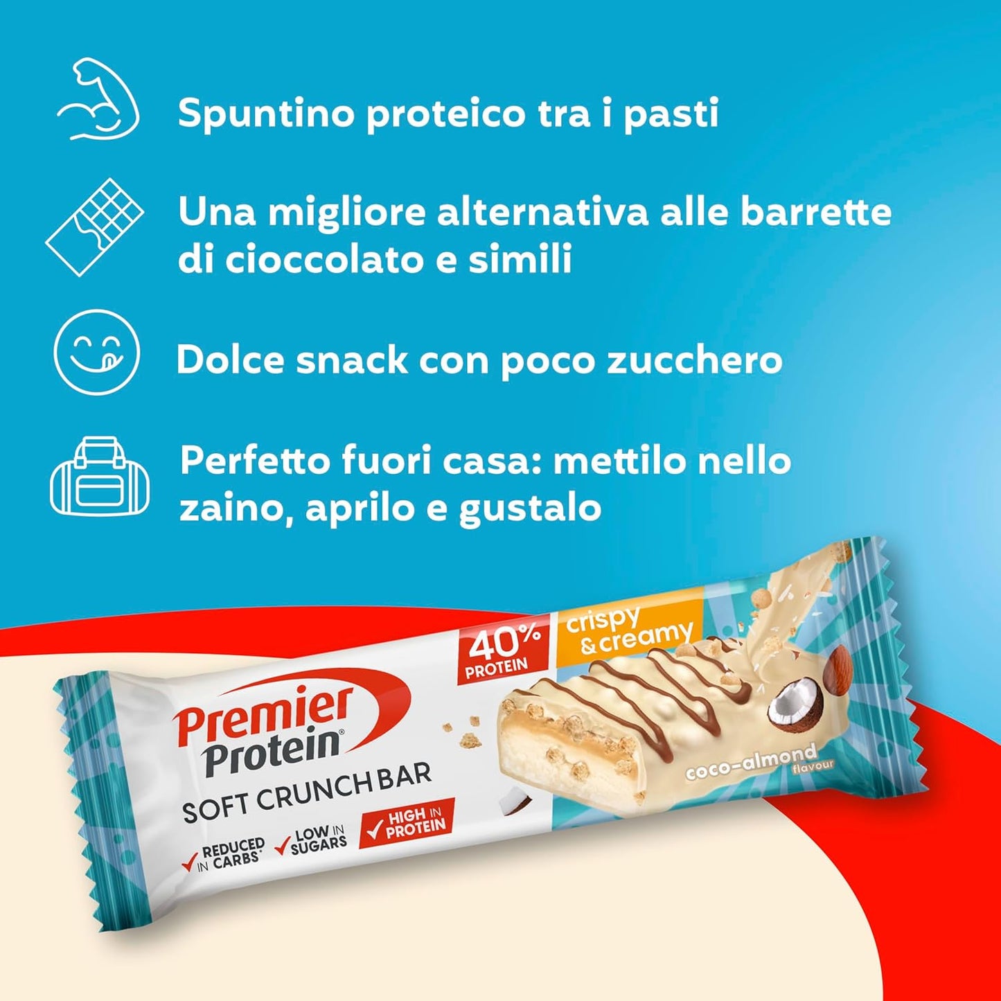 Soft Crunch Bar 40% Protein Coco-Almond 12X40G - Alto Contenuto Di Proteine E Basso Contenuto Di Zuccheri + Basso Contenuto Di Carboidrati + Senza Olio Di Palma
