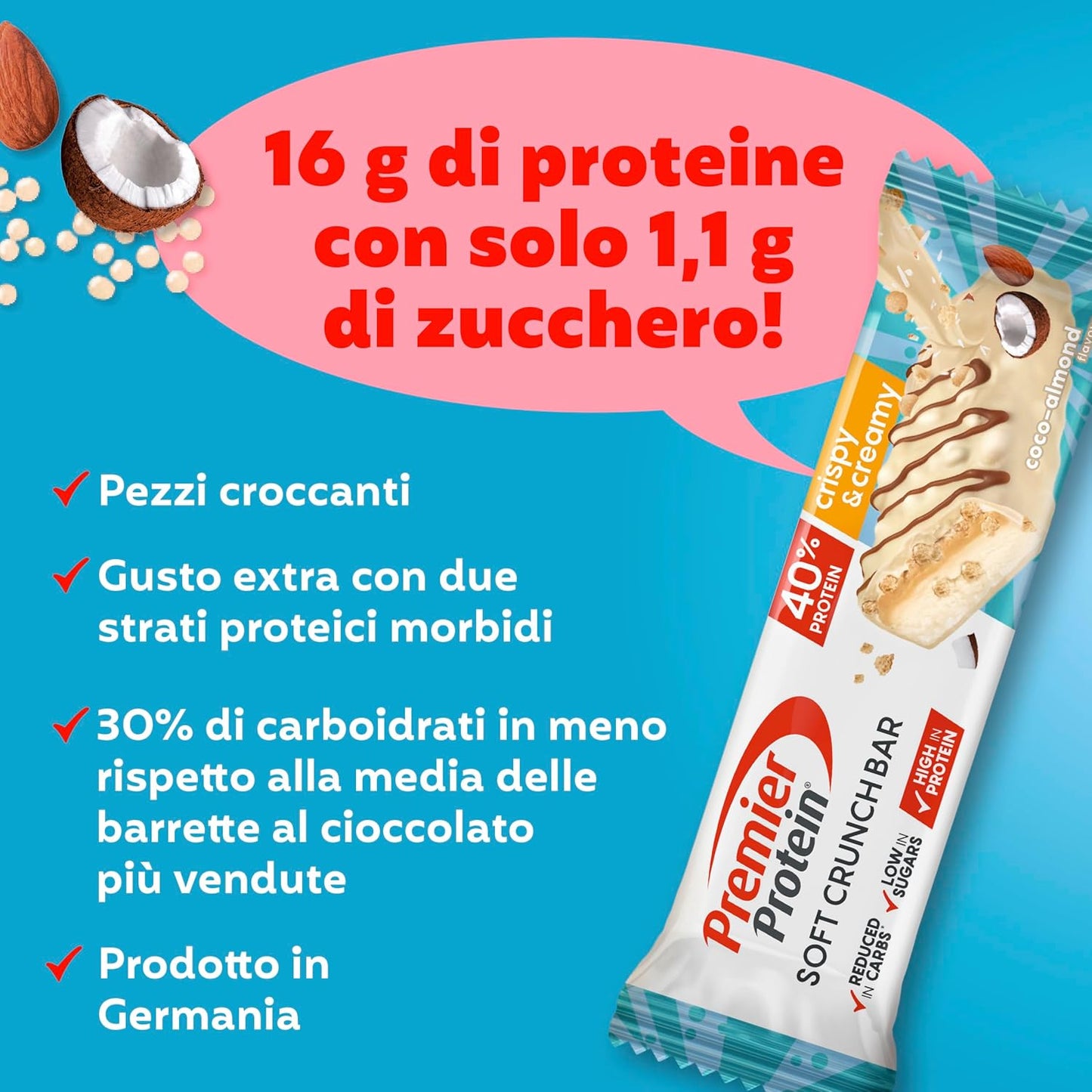 Soft Crunch Bar 40% Protein Coco-Almond 12X40G - Alto Contenuto Di Proteine E Basso Contenuto Di Zuccheri + Basso Contenuto Di Carboidrati + Senza Olio Di Palma