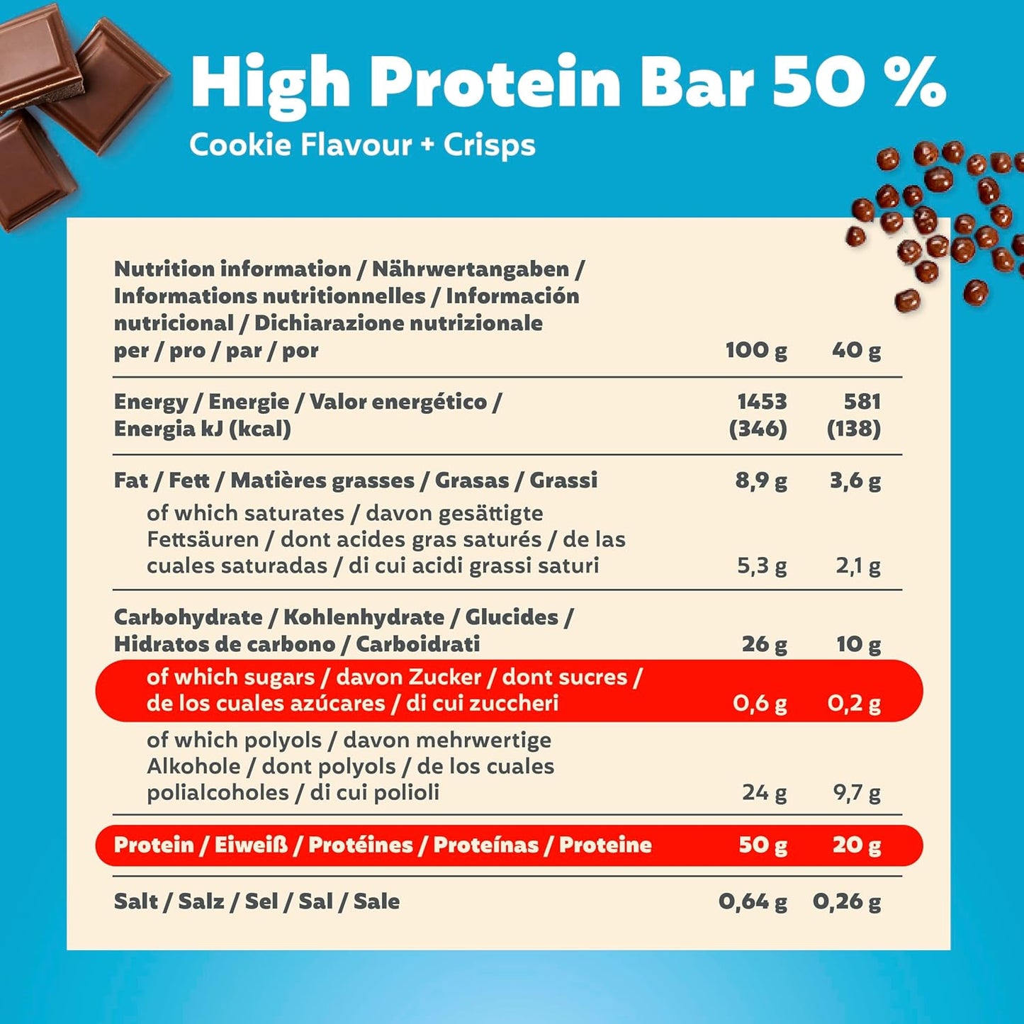 High Protein Bar Crispy Cookie 16X40G - Barretta Ad Alto Contenuto Proteico E a Basso Contenuto Di Zuccheri + Senza Olio Di Palma
