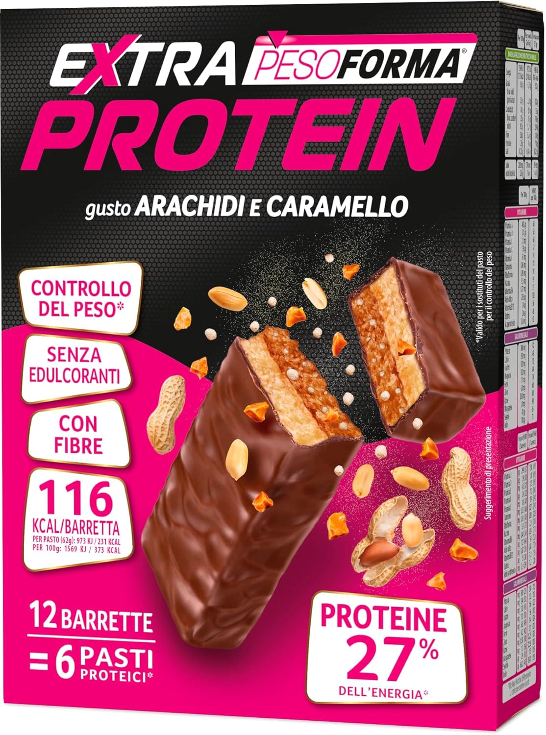 EXTRA PROTEIN, Barrette Proteiche Al Gusto Arachidi E Caramello, Pasto Sostitutivo Con Vitamine E Minerali, per Il Controllo Del Peso, Confezione Da 12 Barrette, 372 G