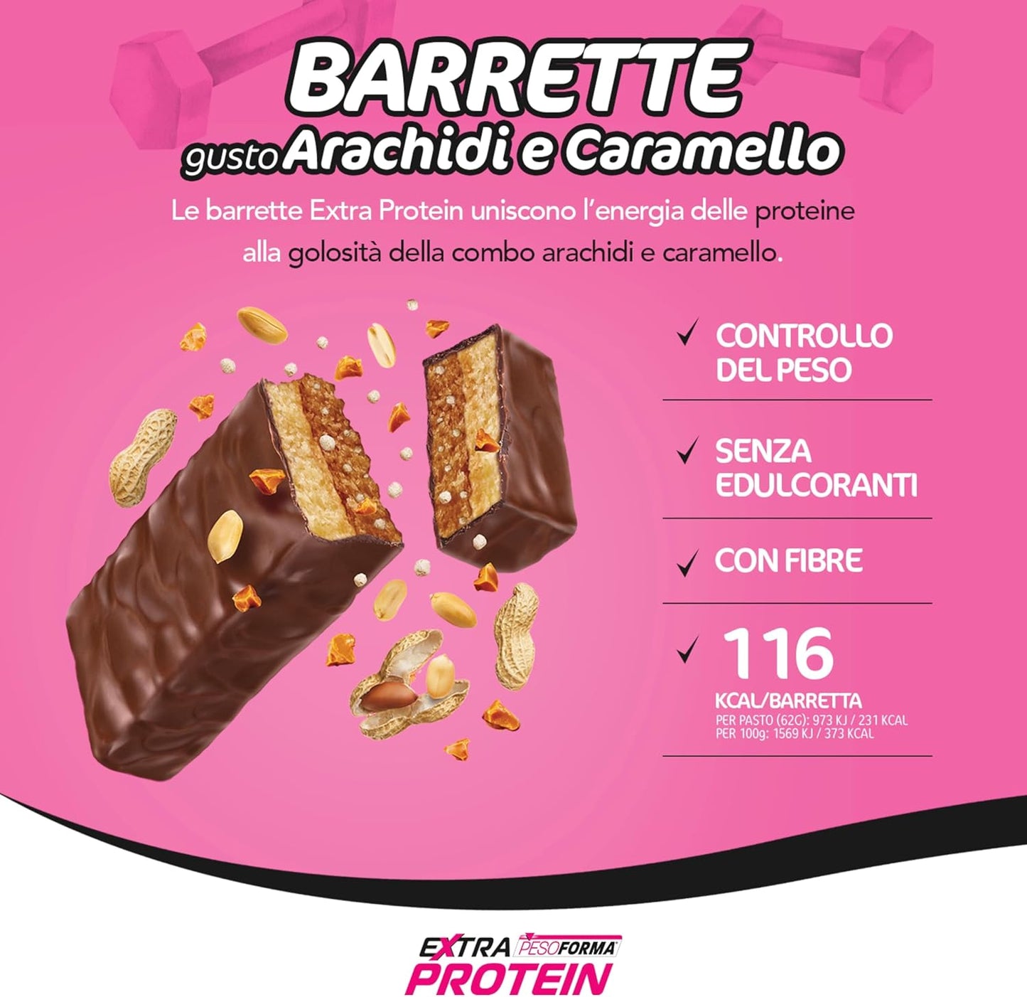 EXTRA PROTEIN, Barrette Proteiche Al Gusto Arachidi E Caramello, Pasto Sostitutivo Con Vitamine E Minerali, per Il Controllo Del Peso, Confezione Da 12 Barrette, 372 G