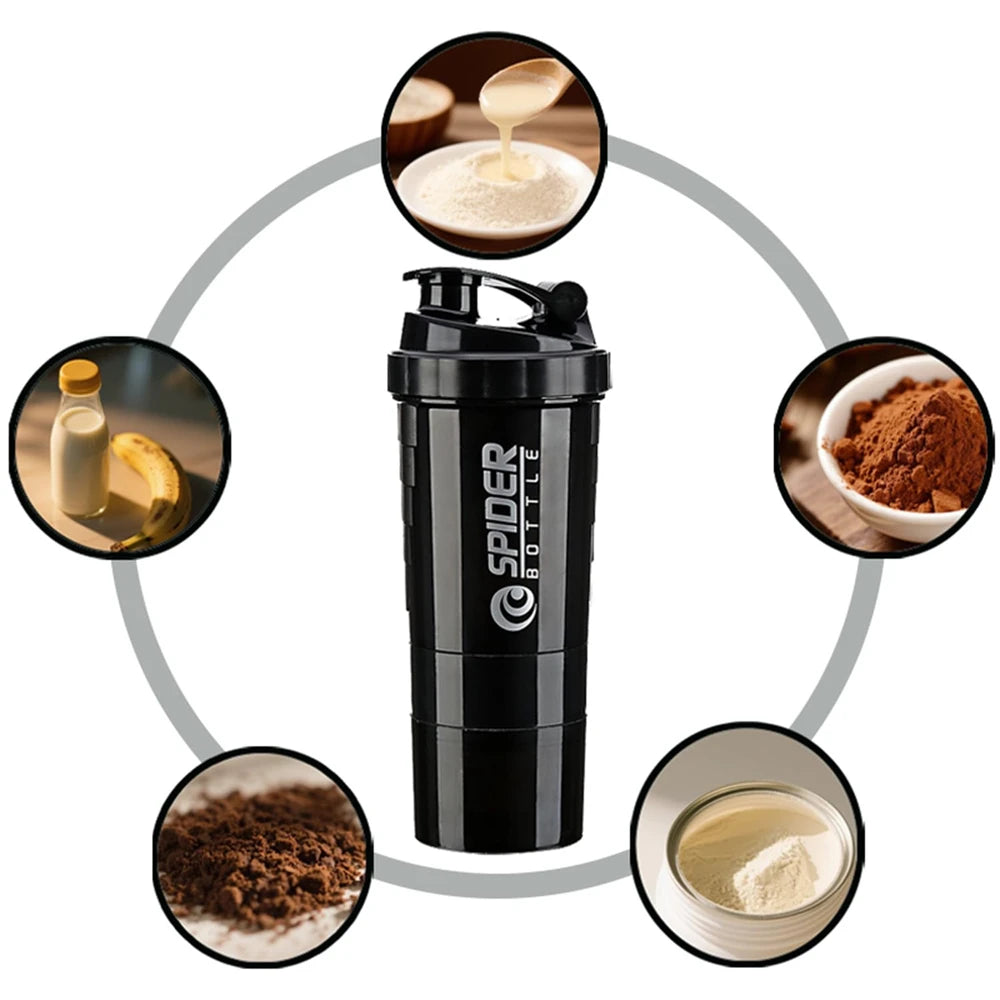 1Pc Protein Shaker Bottle Portable 16Oz Powder Shake Cup 3 Layers Shaker Protein Bottle with 3Oz Twist-Off Cups & Pill Tray