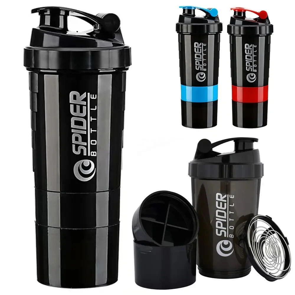 1Pc Protein Shaker Bottle Portable 16Oz Powder Shake Cup 3 Layers Shaker Protein Bottle with 3Oz Twist-Off Cups & Pill Tray