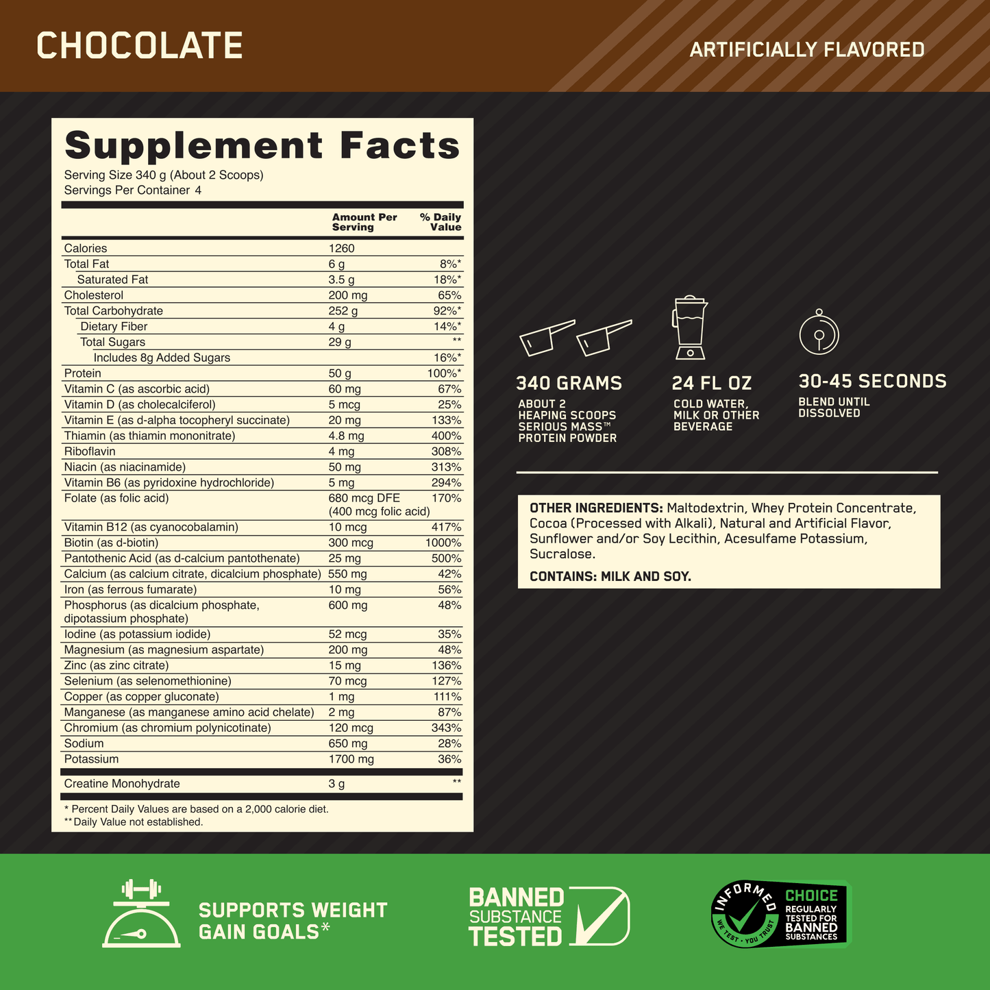 Serious Mass, Chocolate, Weight Gainer Protein Powder, Mass Gainer, 3 Lb