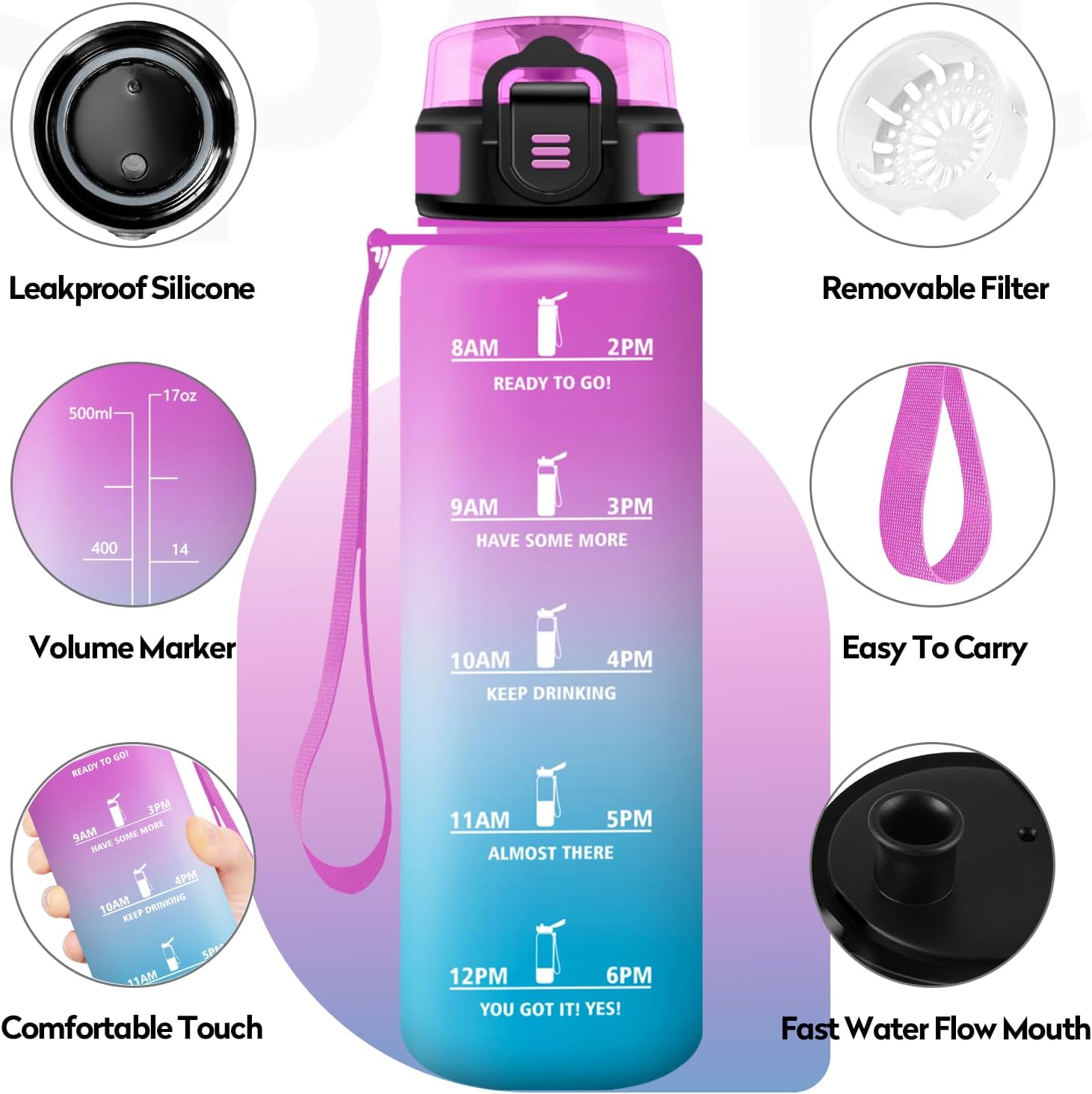 Borraccia 500Ml, Borraccia Con Filtro Senza Perdite, Bottiglia Acqua Sportiva Con Indicatore Del Tempo, Facile Pulizia, Bottiglia Motivazionale per Scuole, Campeggio, Viaggio, Corsa, Ufficio, Gym