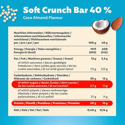 Soft Crunch Bar 40% Protein Coco-Almond 12X40G - Alto Contenuto Di Proteine E Basso Contenuto Di Zuccheri + Basso Contenuto Di Carboidrati + Senza Olio Di Palma