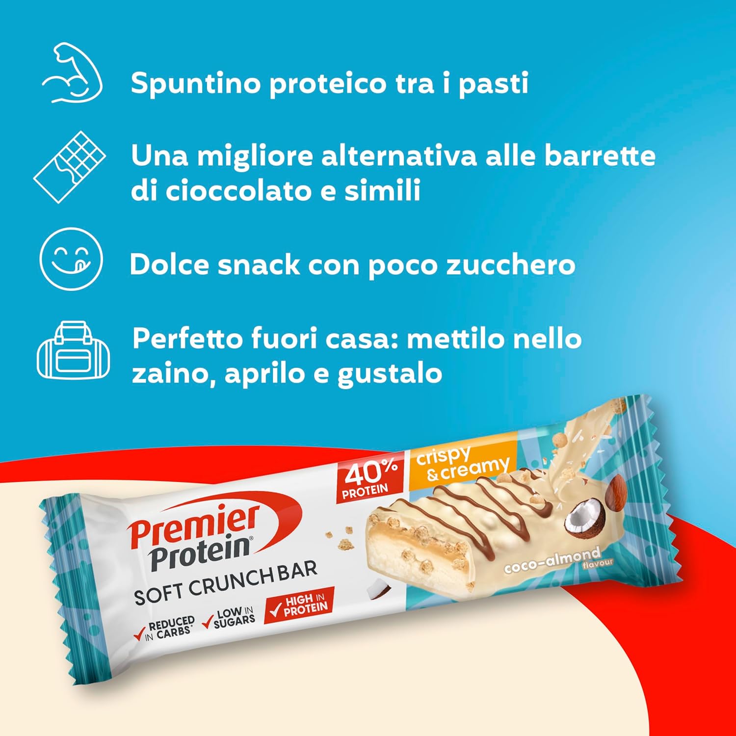 Soft Crunch Bar 40% Protein Coco-Almond 12X40G - Alto Contenuto Di Proteine E Basso Contenuto Di Zuccheri + Basso Contenuto Di Carboidrati + Senza Olio Di Palma