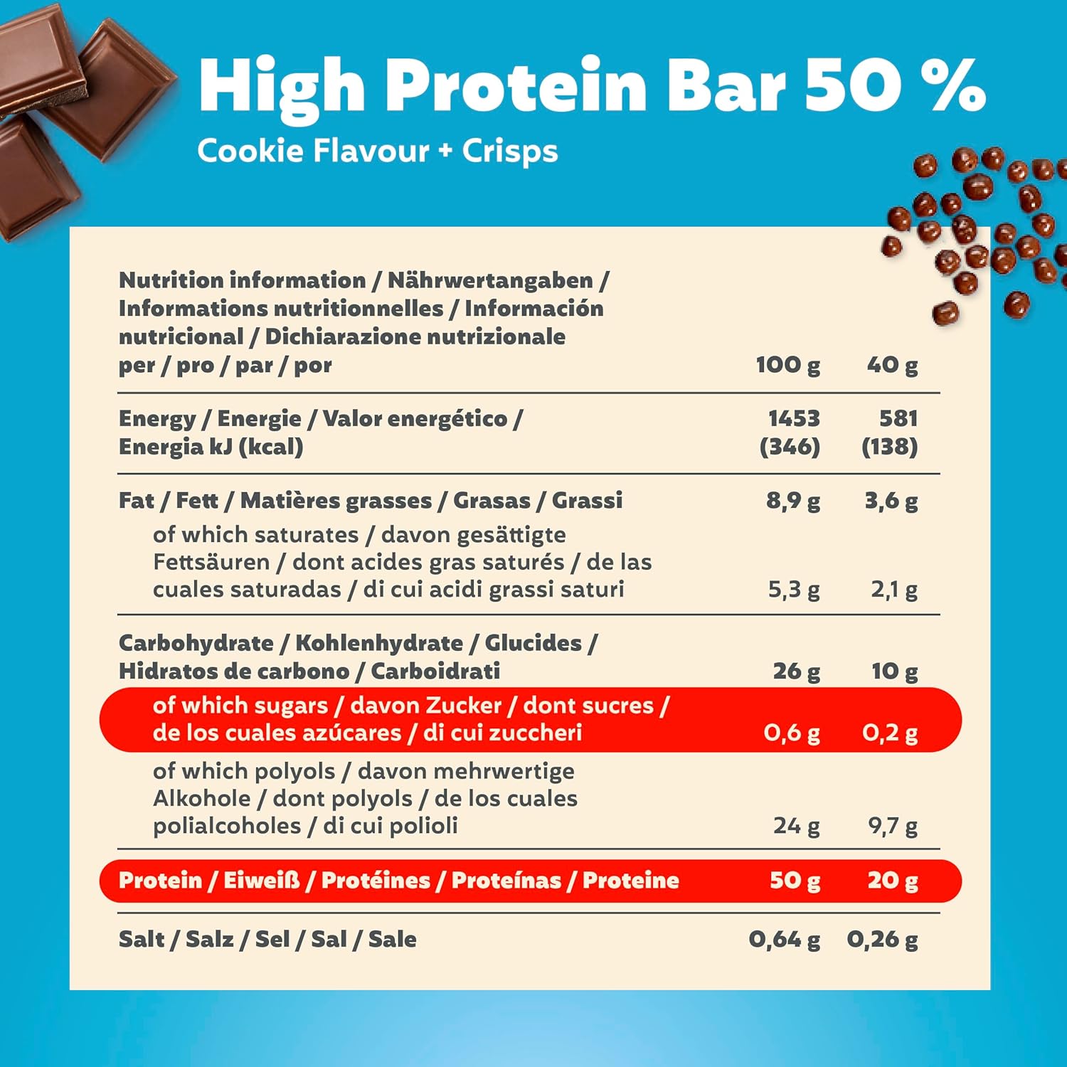 High Protein Bar Crispy Cookie 16X40G - Barretta Ad Alto Contenuto Proteico E a Basso Contenuto Di Zuccheri + Senza Olio Di Palma