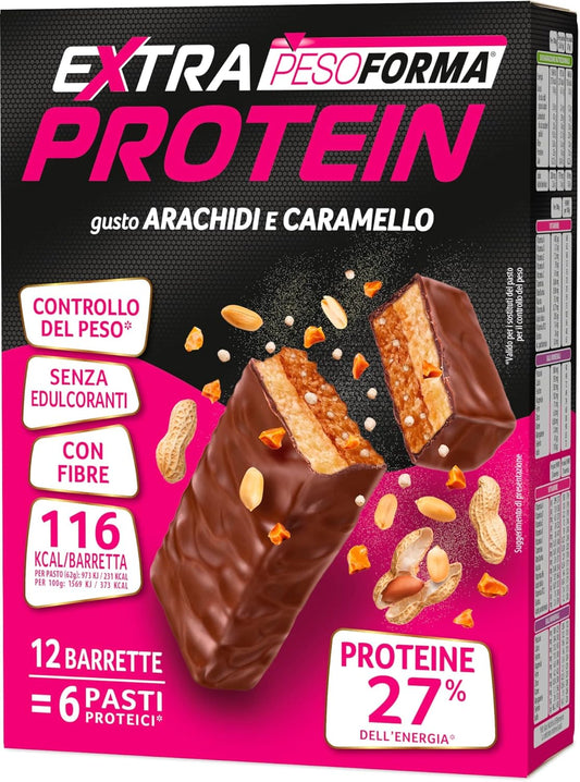 EXTRA PROTEIN, Barrette Proteiche Al Gusto Arachidi E Caramello, Pasto Sostitutivo Con Vitamine E Minerali, per Il Controllo Del Peso, Confezione Da 12 Barrette, 372 G