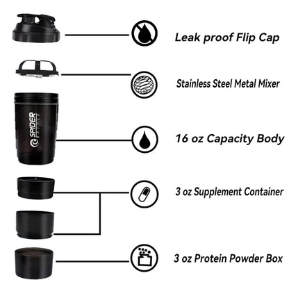 1Pc Protein Shaker Bottle Portable 16Oz Powder Shake Cup 3 Layers Shaker Protein Bottle with 3Oz Twist-Off Cups & Pill Tray