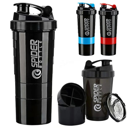 1Pc Protein Shaker Bottle Portable 16Oz Powder Shake Cup 3 Layers Shaker Protein Bottle with 3Oz Twist-Off Cups & Pill Tray