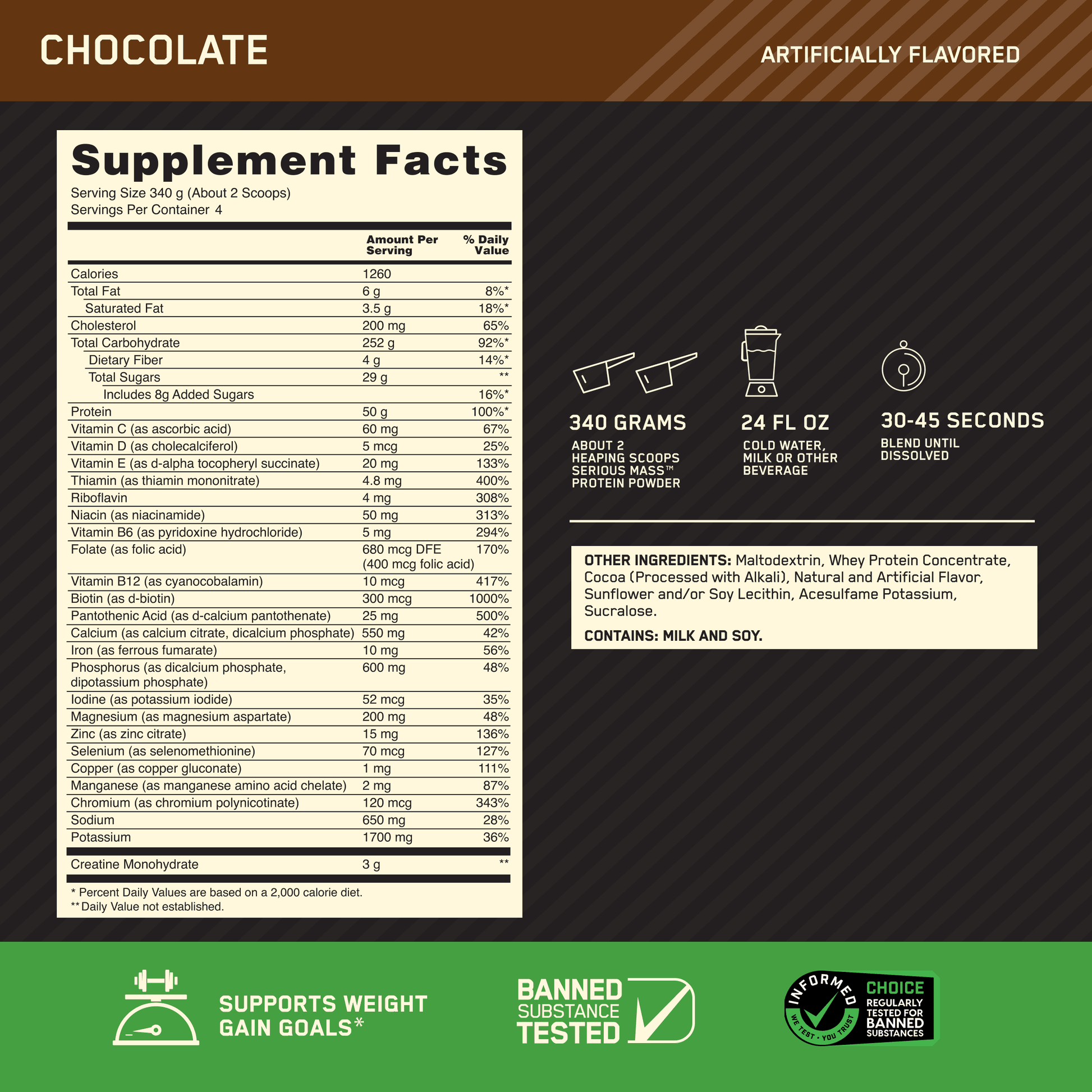Serious Mass, Chocolate, Weight Gainer Protein Powder, Mass Gainer, 3 Lb